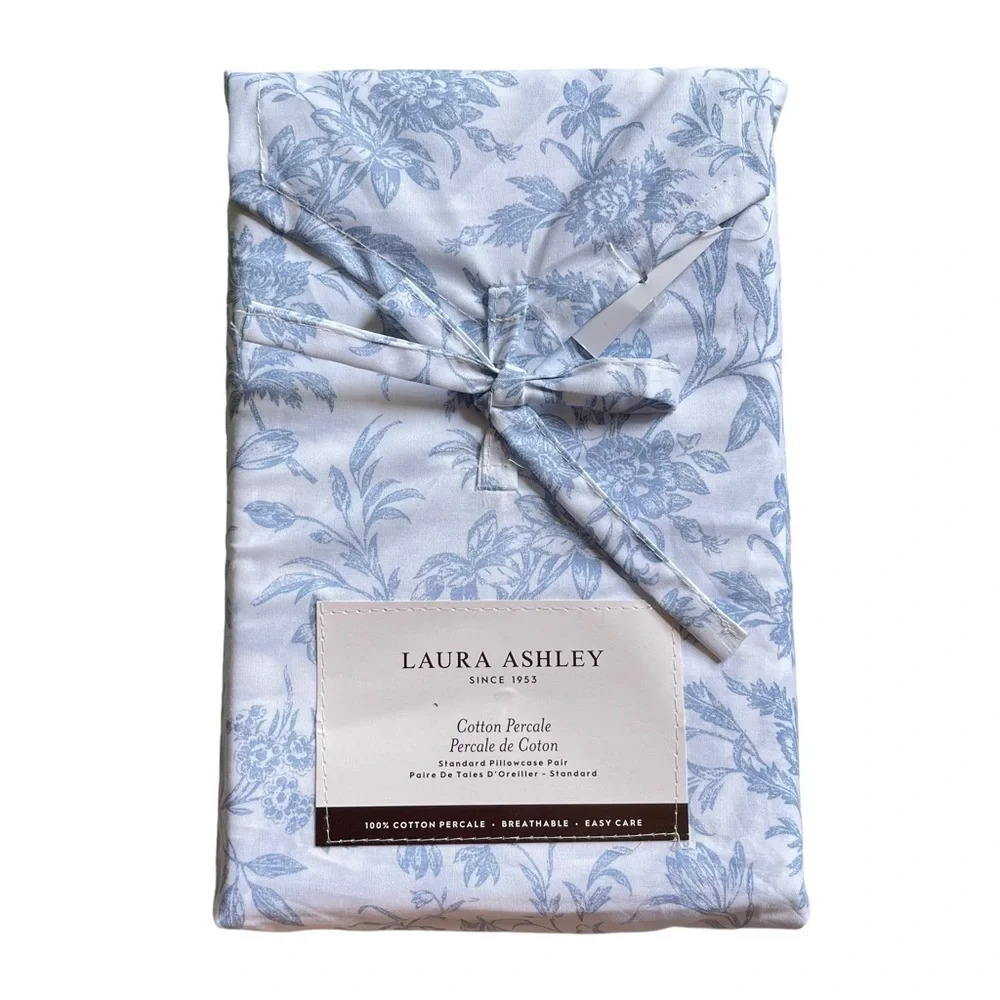 Laura Ashley Blue Floral Natalie cotton Percale 2 Standard pillowcases NWT